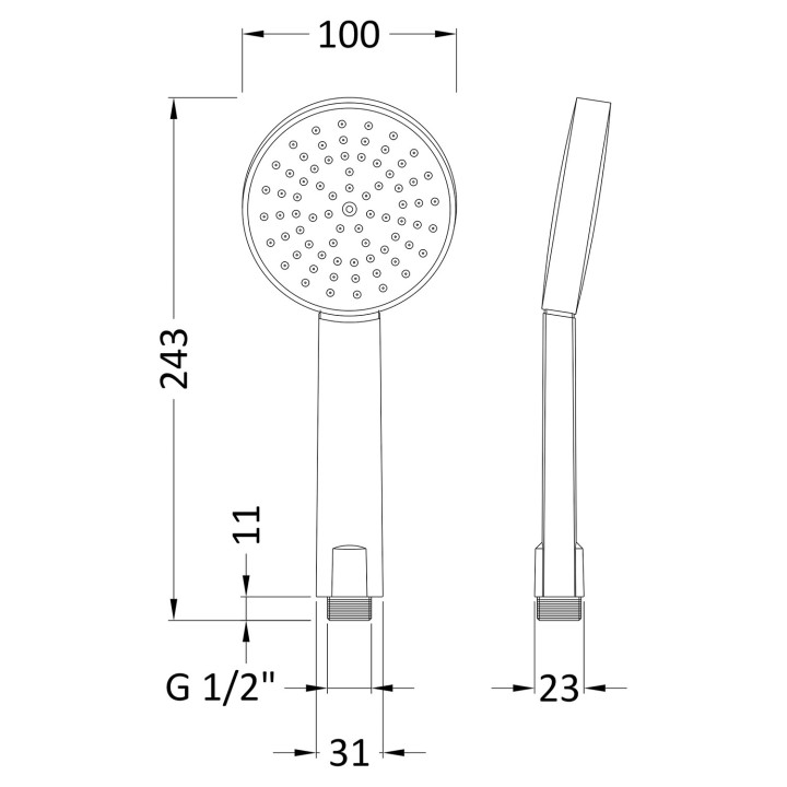 Single Function Water Saving Handset - Technical Drawing