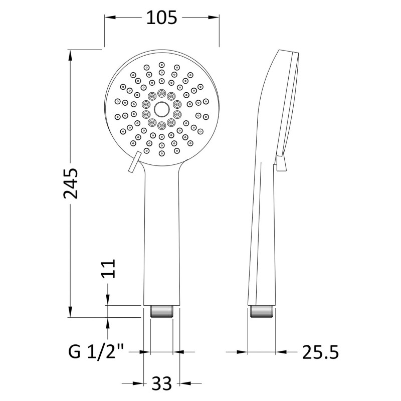 Single Function Water Saving Handset - Technical Drawing