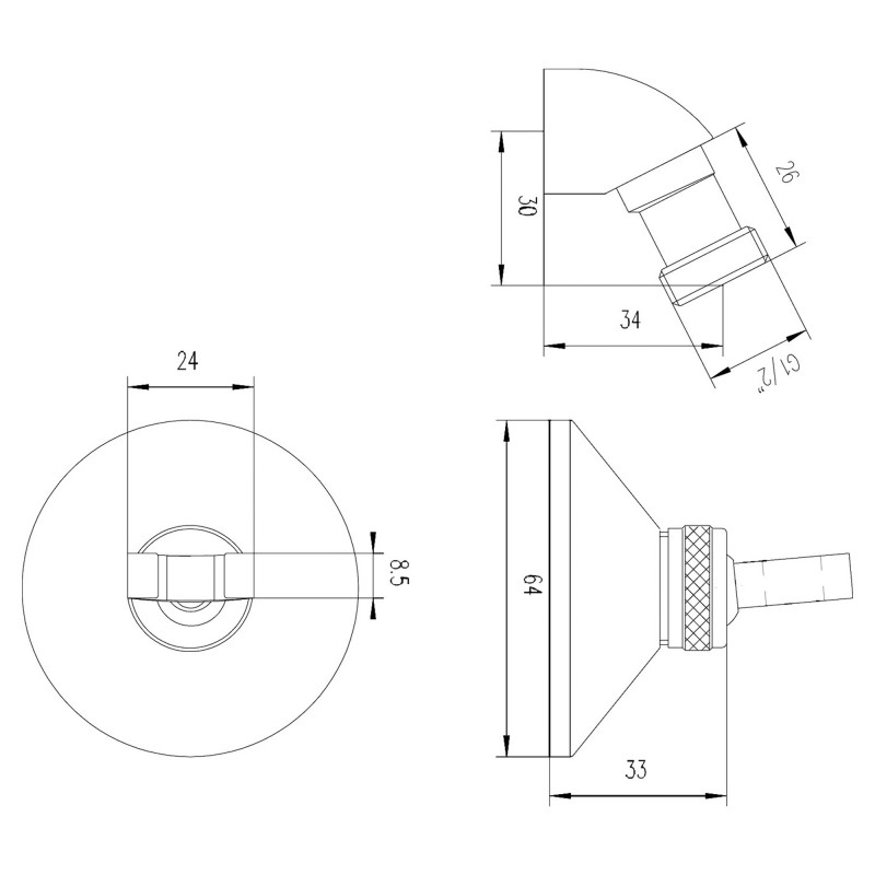 Chrome Plated Brass Shower Handset Wall Bracket & Elbow - Technical Drawing