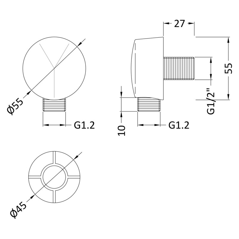 Round Shower Outlet Elbow - Technical Drawing