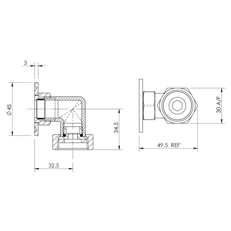 Back to Wall Shower Elbow - Technical Drawing