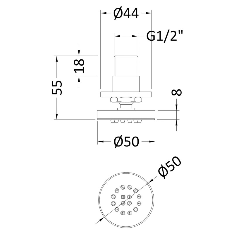 Round Body Shower Jet - Technical Drawing