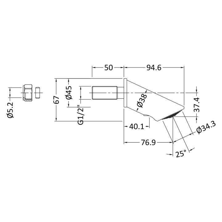 Chrome Concealed Anti-Vandal Fixed Shower Head - Technical Drawing