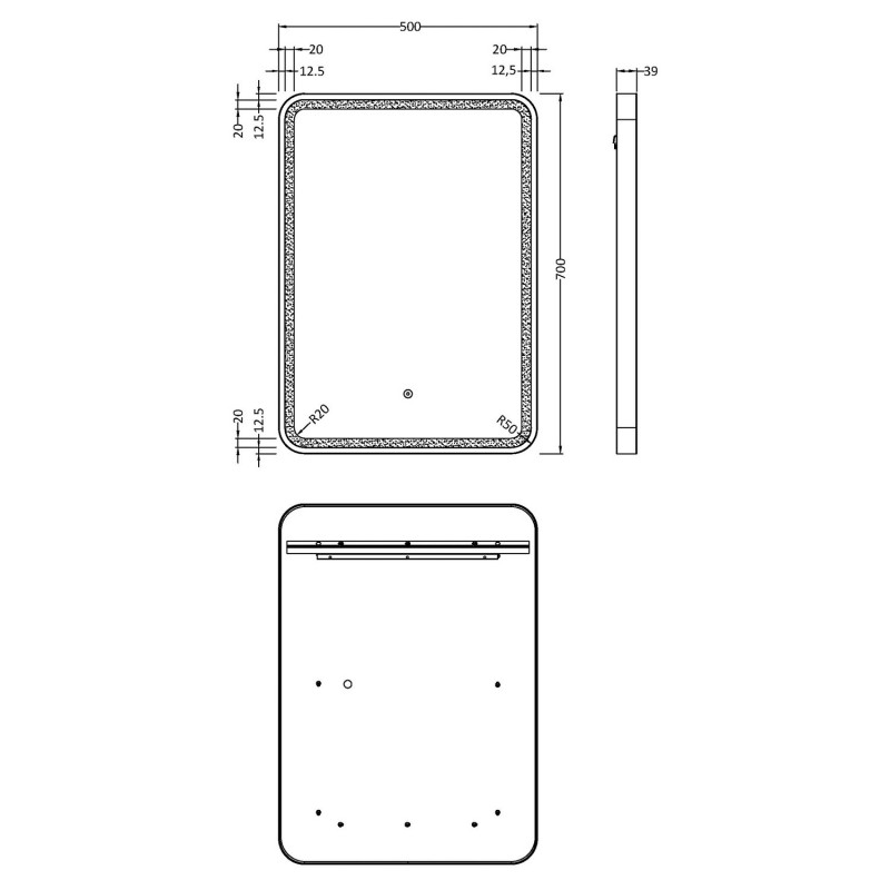 Hydrus 500mm(W) x 700mm(H) Framed LED Touch Sensor Mirror - Brushed Brass - Technical Drawing