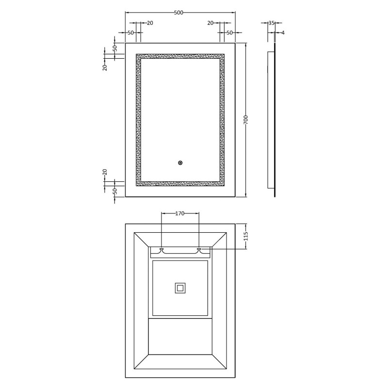 Picture Frame Styled LED Mirror 500 x 700mm - Technical Drawing