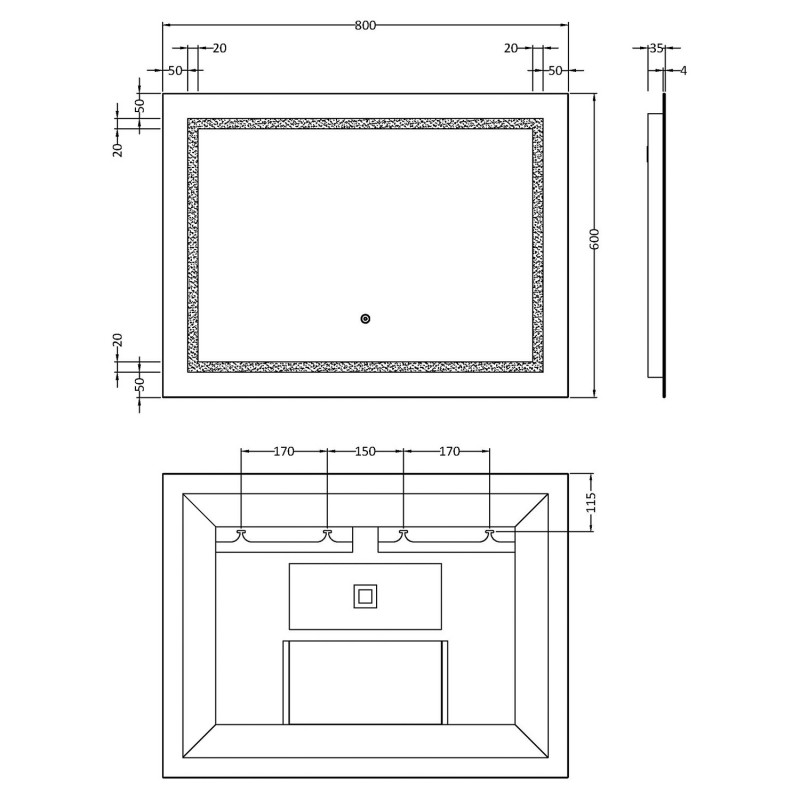 Picture Frame Styled LED Mirror 600 x 800mm - Technical Drawing