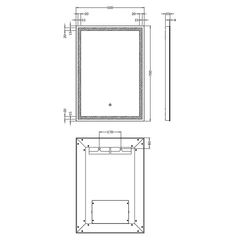 Lyra 500mm(W) x 700mm(H) LED Touch Sensor Mirror - Technical Drawing