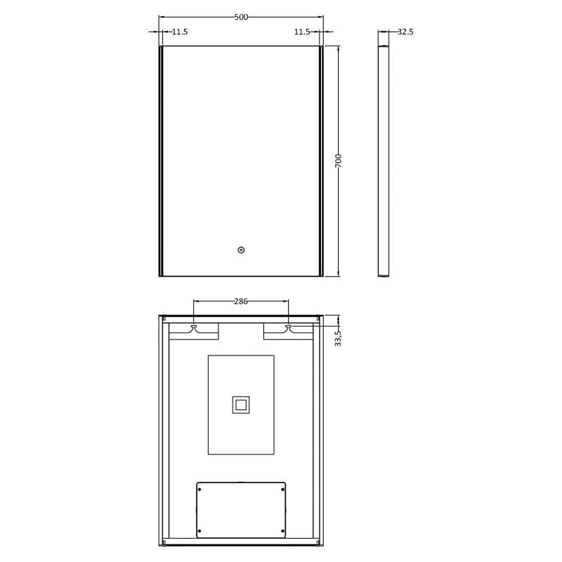 Anser 500mm(W) x 700mm(H) LED Touch Sensor Mirror - Technical Drawing