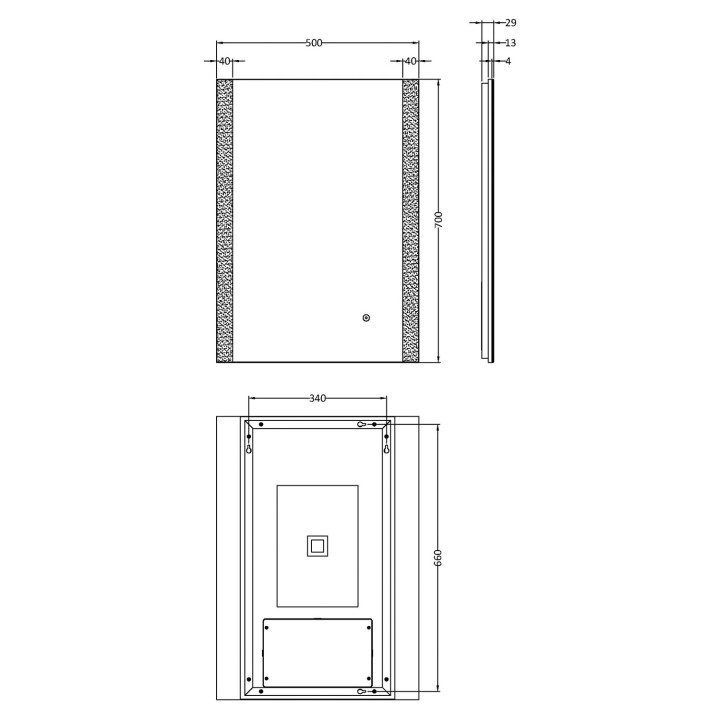 Castor 500mm(W) x 700mm(H) (Reversible) Ambient Lit LED Touch Sensor Mirror - Technical Drawing