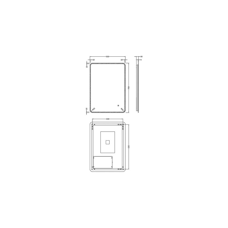 Lynx 500mm(W) x 700mm(H) (Reversible) Ambient Lit LED Touch Sensor Mirror - Technical Drawing