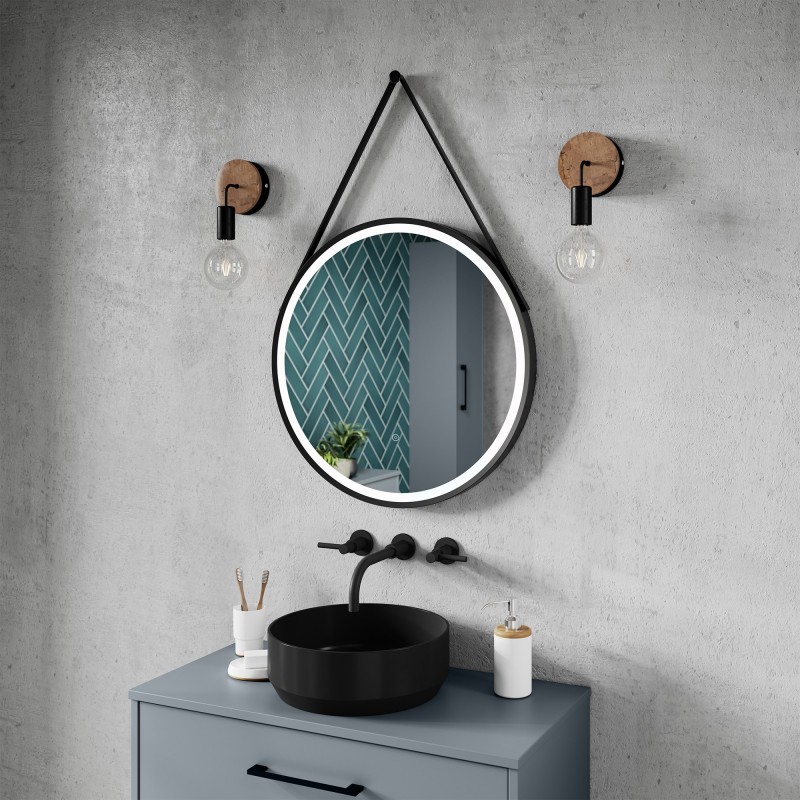 Black 600mm Round LED Bathroom Mirror with Strap - Insitu