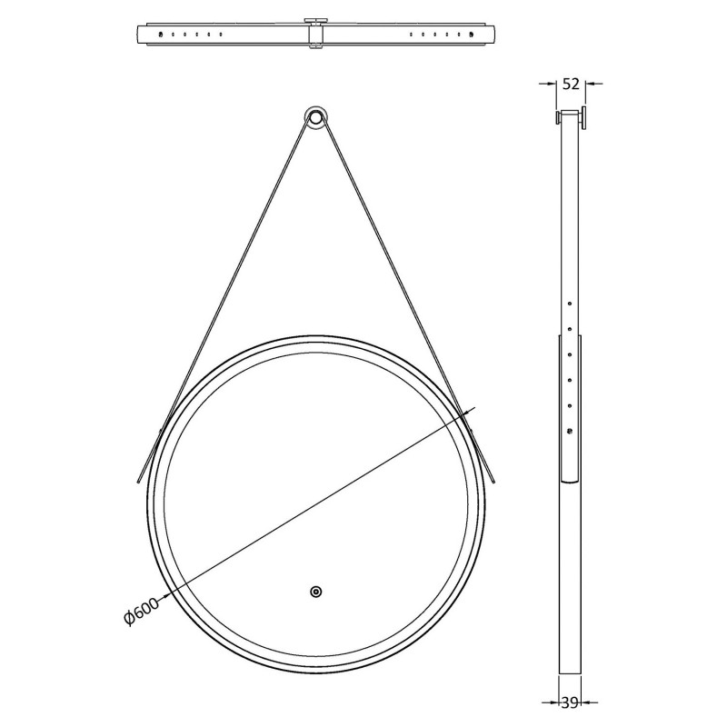 Black 600mm Round LED Bathroom Mirror with Strap - Technical Drawing