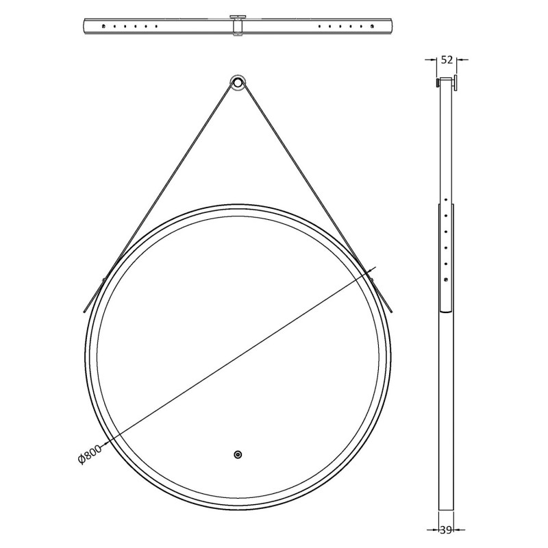 Black 800mm Round LED Bathroom Mirror with Strap - Technical Drawing