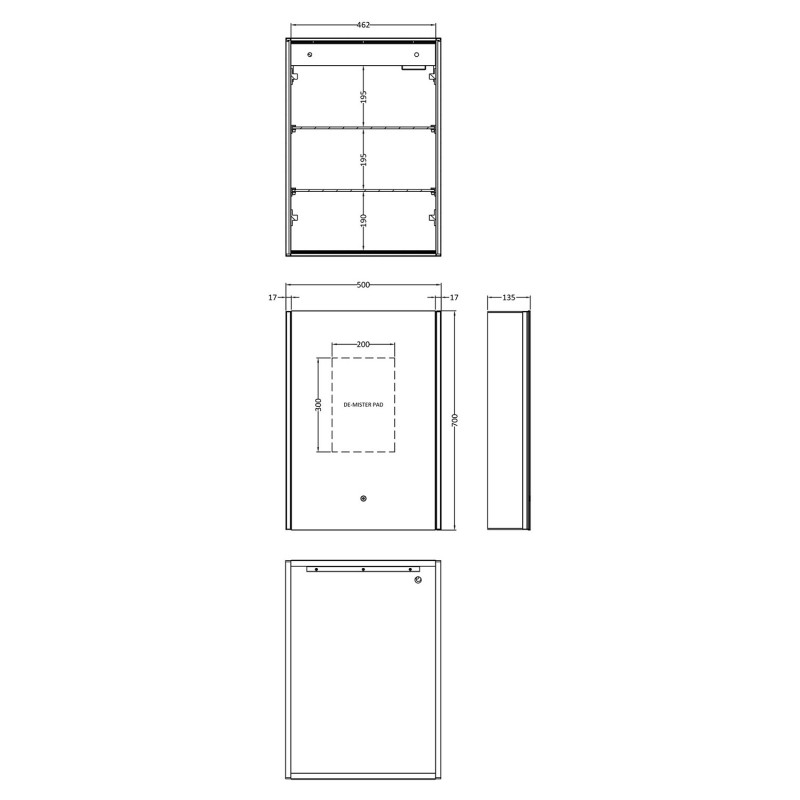 Pavo 500mm(W) x 700mm(h) LED Touch Sensor 1 Door Mirror Cabinet (Shaver Socket & 2 Shelves) - Technical Drawing