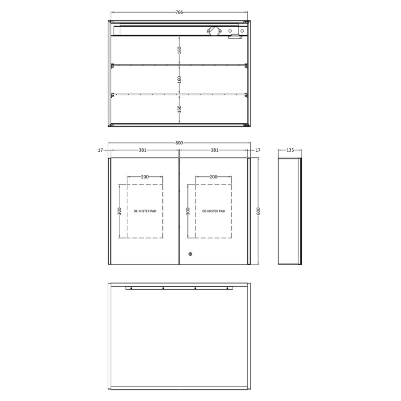 Leda 800mm(W) x 600mm(H) LED Touch Sensor 2 Door Mirror Cabinet (Shaver Socket & 2 Shelves) - Technical Drawing