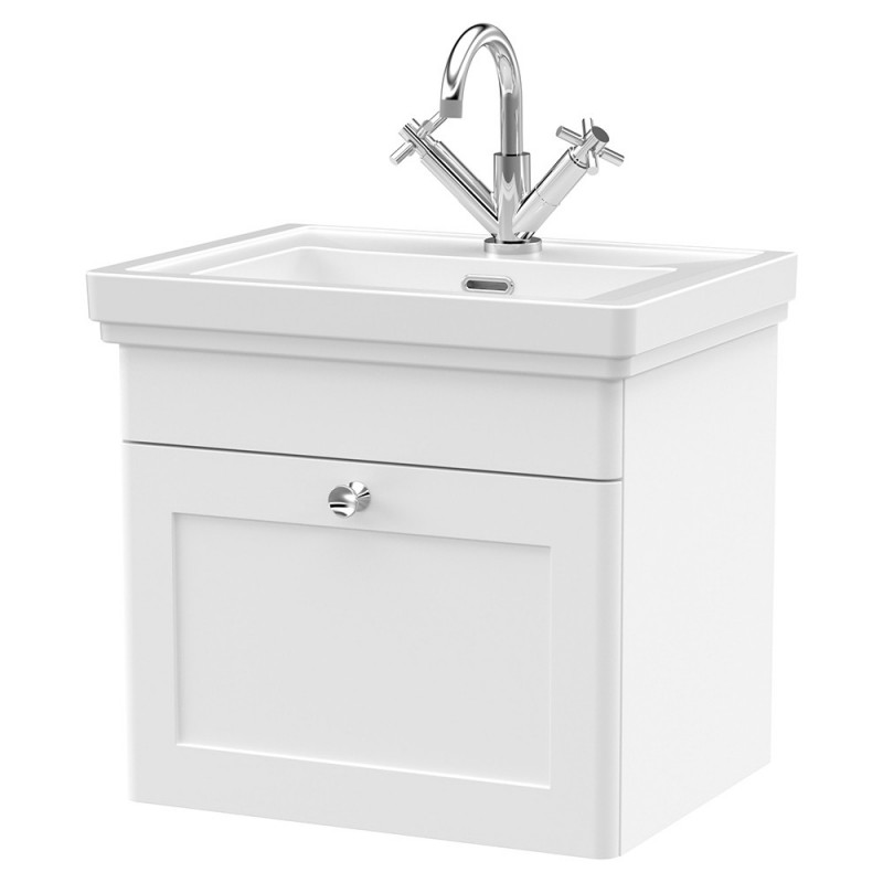 Classique 500mm Wall Hung 1 Drawer Vanity Unit with Basin Satin White - 1 Tap Hole