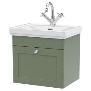 Classique 500mm Wall Hung 1 Drawer Vanity Unit with Basin Satin Green - 1 Tap Hole