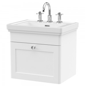 Classique 500mm Wall Hung 1 Drawer Vanity Unit with Basin Satin White - 3 Tap Hole
