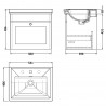 Classique 500mm Wall Hung 1 Drawer Vanity Unit with Basin Satin White - 3 Tap Hole - Technical Drawing
