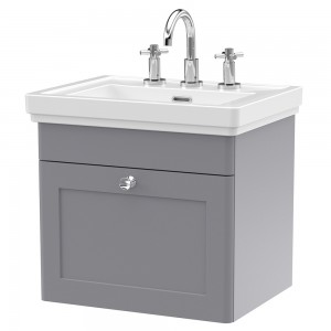 Classique 500mm Wall Hung 1 Drawer Vanity Unit with Basin Satin Grey - 3 Tap Hole