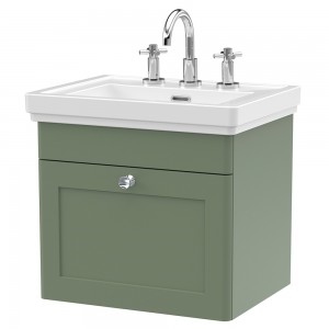 Classique 500mm Wall Hung 1 Drawer Vanity Unit with Basin Satin Green - 3 Tap Hole