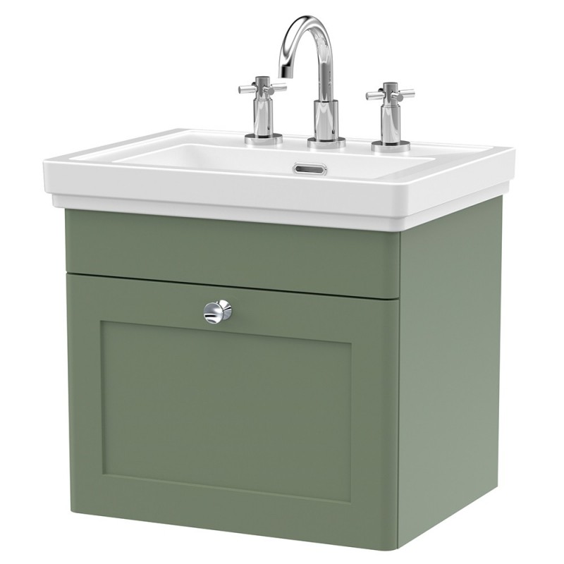 Classique 500mm Wall Hung 1 Drawer Vanity Unit with Basin Satin Green - 3 Tap Hole