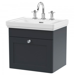 Classique 500mm Wall Hung 1 Drawer Vanity Unit with 3 Tap Hole Basin - Soft Black