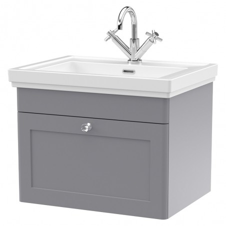 Classique 600mm Wall Hung 1 Drawer Vanity Unit with Basin Satin Grey - 1 Tap Hole