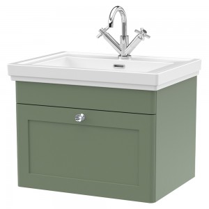 Classique 600mm Wall Hung 1 Drawer Vanity Unit with Basin Satin Green - 1 Tap Hole