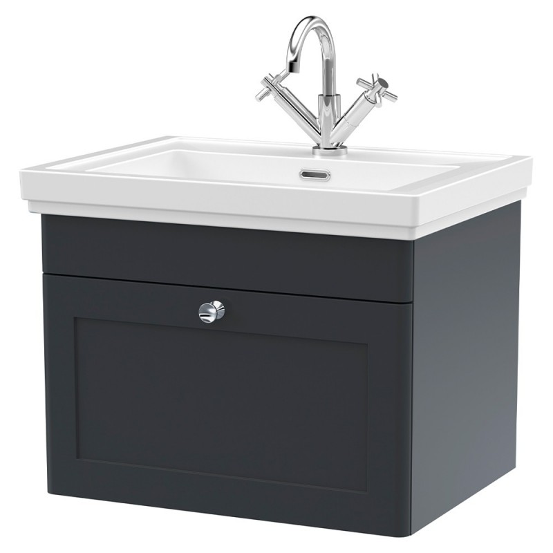 Classique 600mm Wall Hung 1 Drawer Vanity Unit with 1 Tap Hole Basin - Soft Black