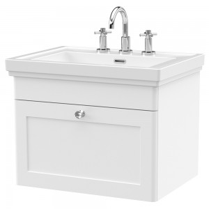 Classique 600mm Wall Hung 1 Drawer Vanity Unit with Basin Satin White - 3 Tap Hole