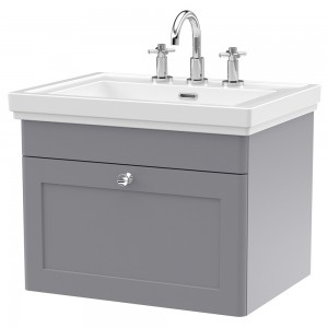 Classique 600mm Wall Hung 1 Drawer Vanity Unit with Basin Satin Grey - 3 Tap Hole