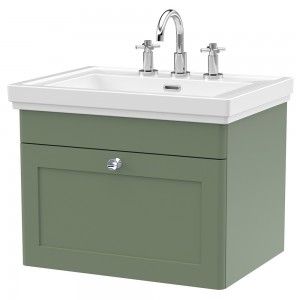 Classique 600mm Wall Hung 1 Drawer Vanity Unit with Basin Satin Green - 3 Tap Hole