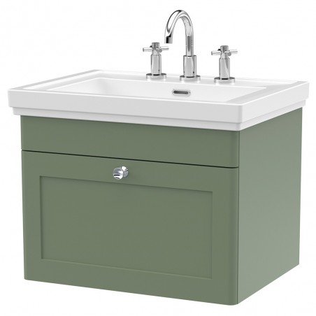 Classique 600mm Wall Hung 1 Drawer Vanity Unit with Basin Satin Green - 3 Tap Hole