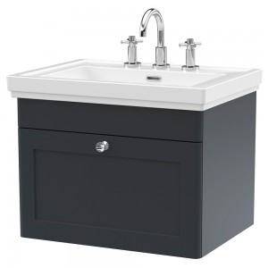 Classique 600mm Wall Hung 1 Drawer Vanity Unit with 3 Tap Hole Basin - Soft Black