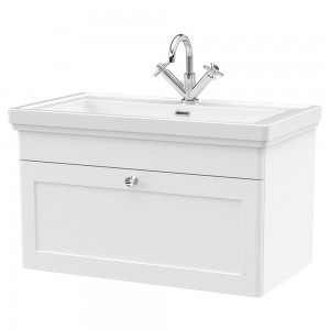 Classique 800mm Wall Hung 1 Drawer Vanity Unit with Basin Satin White - 1 Tap Hole