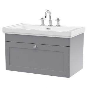 Classique 800mm Wall Hung 1 Drawer Vanity Unit with Basin Satin Grey - 3 Tap Hole