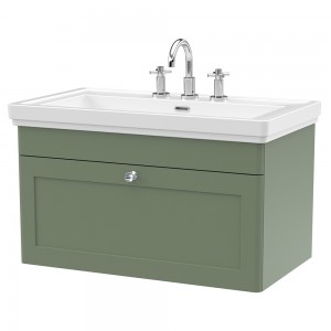 Classique 800mm Wall Hung 1 Drawer Vanity Unit with Basin Satin Green - 3 Tap Hole