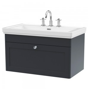 Classique 800mm Wall Hung 1 Drawer Vanity Unit with 3 Tap Hole Basin - Soft Black