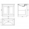 Classique 600mm Freestanding 2 Door Unit & 0 Tap Hole Fireclay Basin - Satin White - Technical Drawing