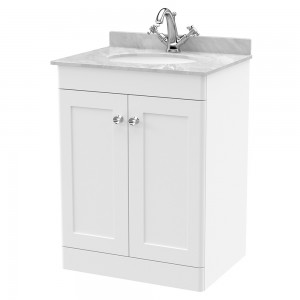 Classique 600mm Freestanding 2 Door Unit & 1 Tap Hole Marble Top with Oval Basin - Satin White/Bellato Grey