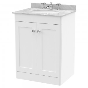 Classique 600mm Freestanding 2 Door Unit & 3 Tap Hole Marble Top with Oval Basin - Satin White/Bellato Grey