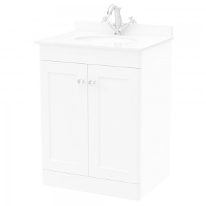 Classique 600mm Freestanding 2 Door Unit & 1 Tap Hole Marble Top with Oval Basin - Satin White/White Sparkle