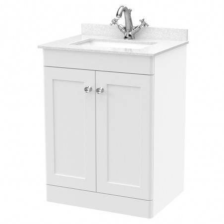 Classique 600mm Freestanding 2 Door Unit & 1 Tap Hole Marble Top with Square Basin - Satin White/White Sparkle