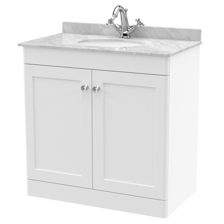 Classique 800mm Freestanding 2 Door Unit & 1 Tap Hole Marble Top with Oval Basin - Satin White/Bellato Grey