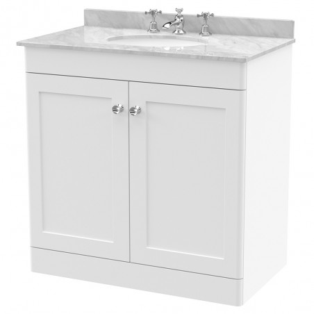 Classique 800mm Freestanding 2 Door Unit & 3 Tap Hole Marble Top with Oval Basin - Satin White/Bellato Grey