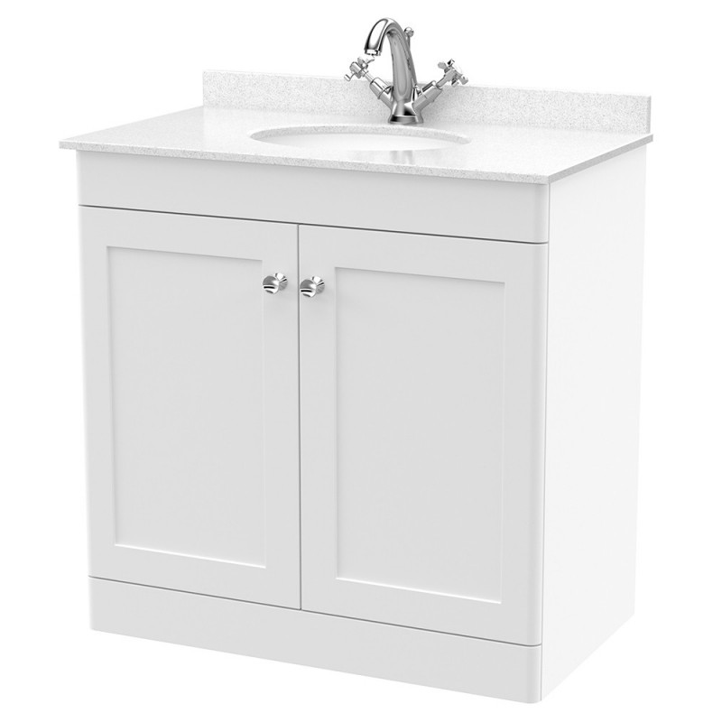 Classique 800mm Freestanding 2 Door Unit & 1 Tap Hole Marble Top with Oval Basin - Satin White/White Sparkle
