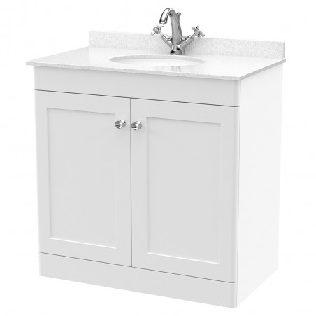 Classique 800mm Freestanding 2 Door Unit & 1 Tap Hole Marble Top with Oval Basin - Satin White/White Sparkle