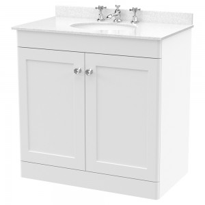 Classique 800mm Freestanding 2 Door Unit & 3 Tap Hole Marble Top with Oval Basin - Satin White/White Sparkle