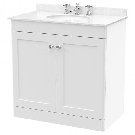 Classique 800mm Freestanding 2 Door Unit & 3 Tap Hole Marble Top with Oval Basin - Satin White/White Sparkle